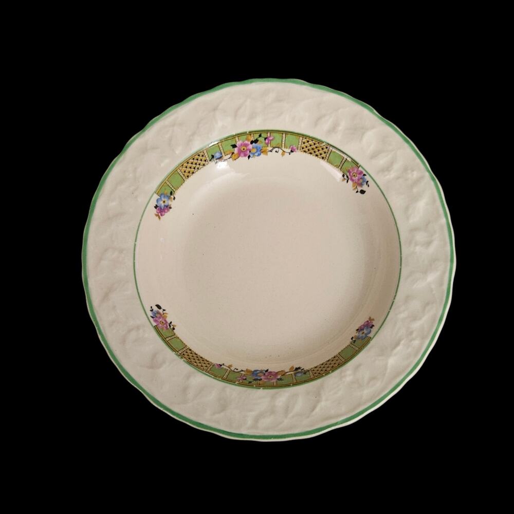 English Brambleberry Set of 4 Dessert Bowls Floral Green Rim Vintage 5.75"